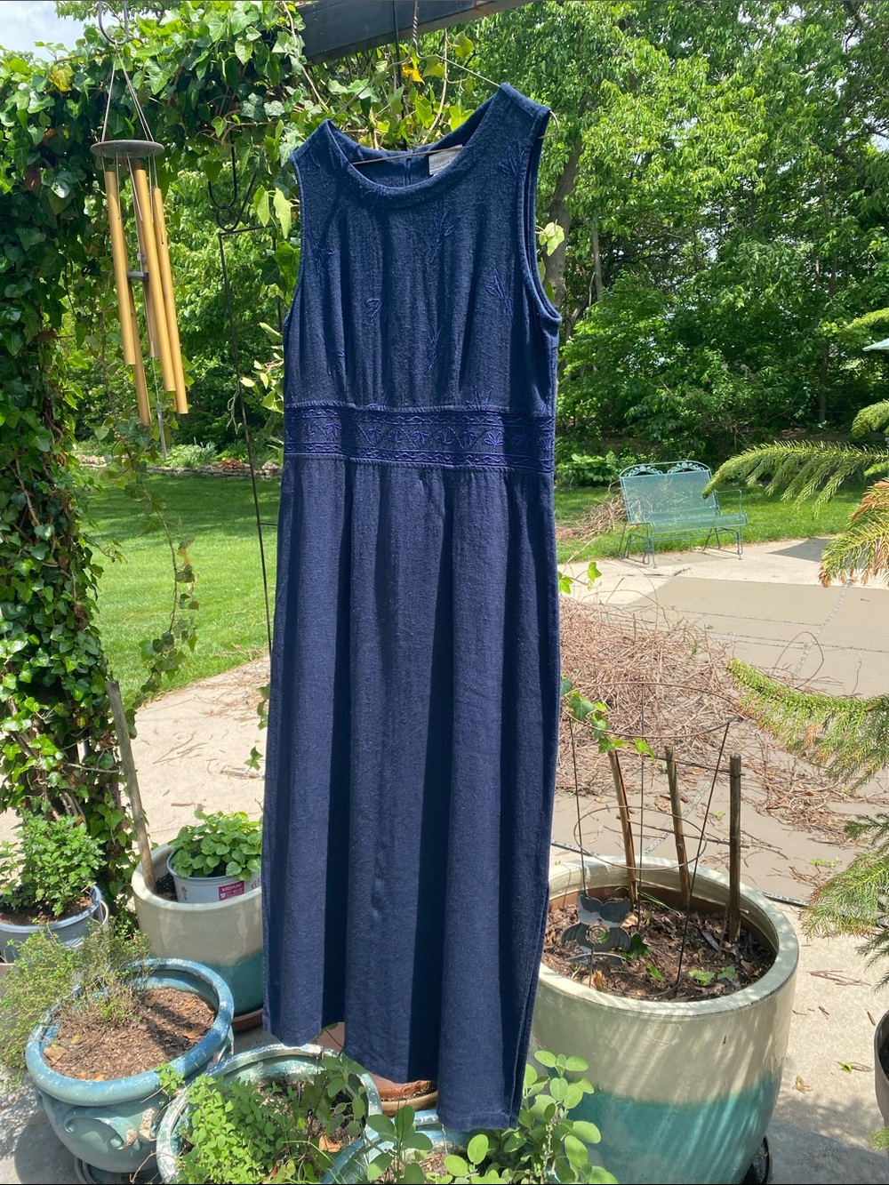 Coldwater Creek Navy Linen Blend Embroidered Maxi Dress